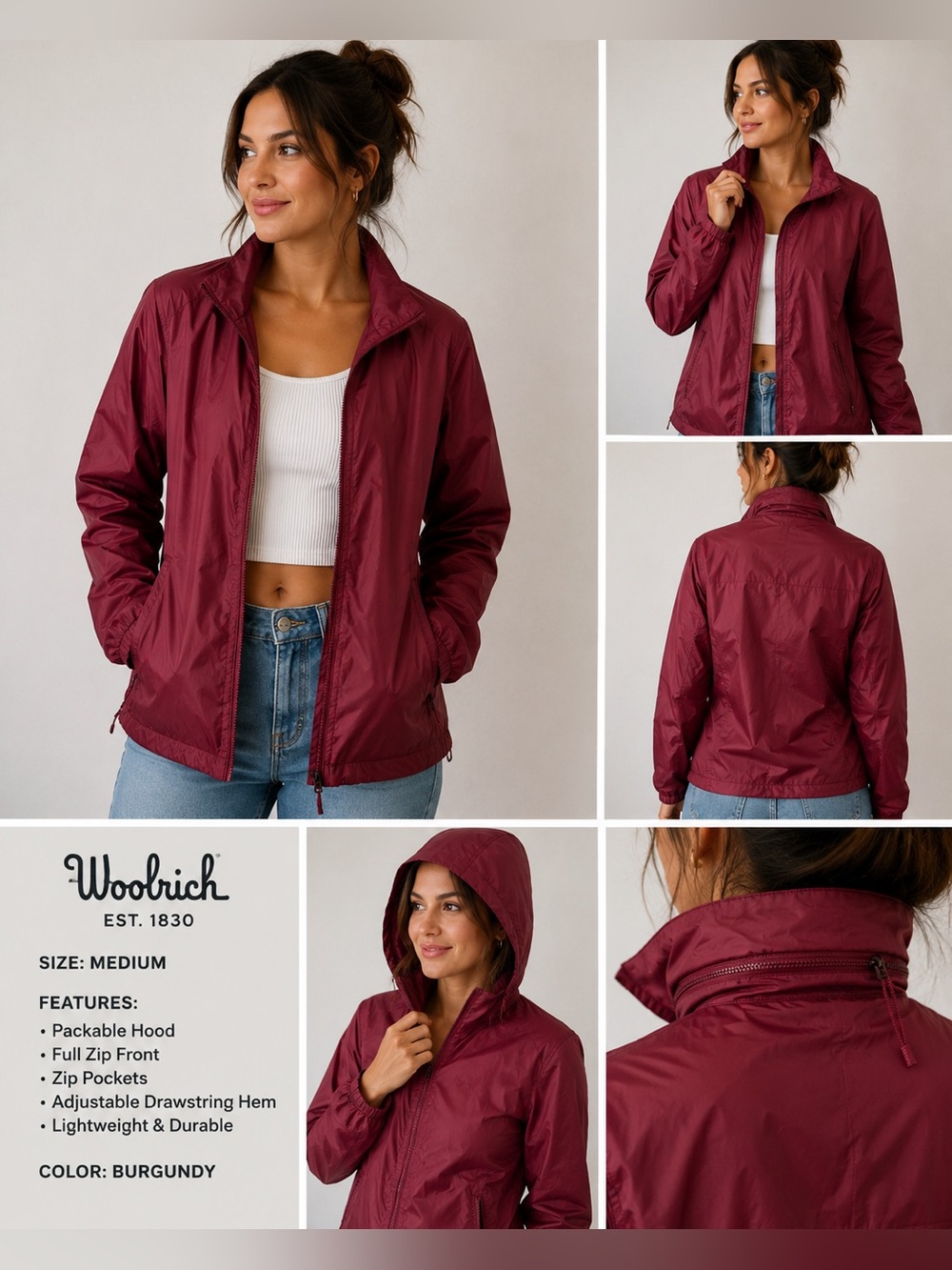 Woolrich Packable Hooded Windbreaker Rain Jacket Burgundy Medium Lightweight